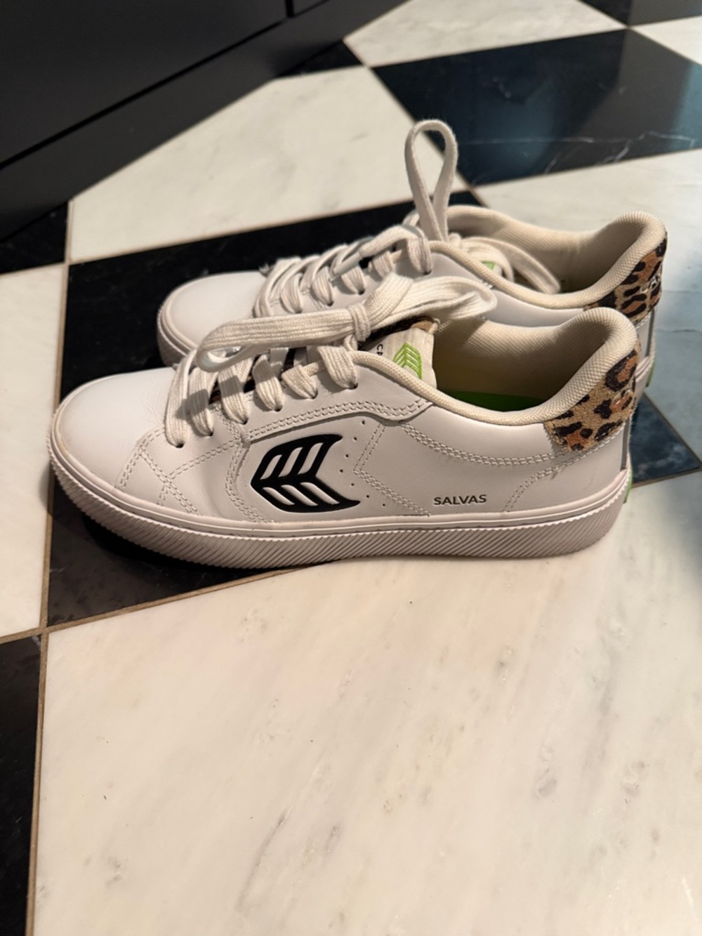 Cariuma White Leather Sneakers with Leopard Heel Accent